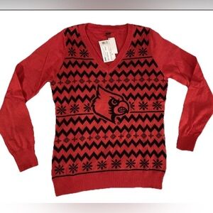 Louisville University Cardinals Women LARGE V-Neck Sweater Red Ugly Holiday FOCO